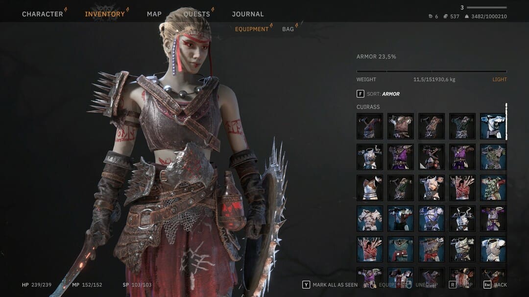 ゲームの汚染された聖杯からのスクリーンショット：さまざまな種類の鎧を使用したキャラクターインベントリ画面を示すアバロンのfall落。